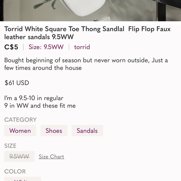 Torrid White Square Toe Thong Sandlal  Flip Flop Faux leather sandals 9.5WW - Picture 8 of 8